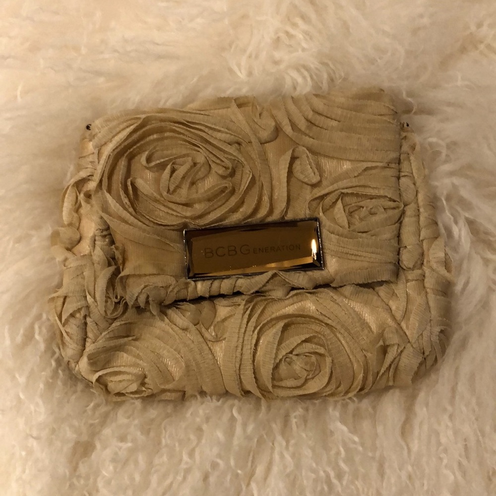 BCBG Generation Beige Floral Rushed Tulle Clutch